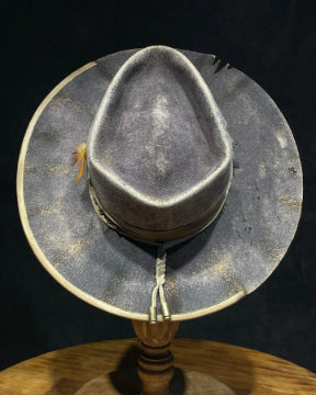 Distressed Fedora With Light Lemon Yellow Feather And Rope