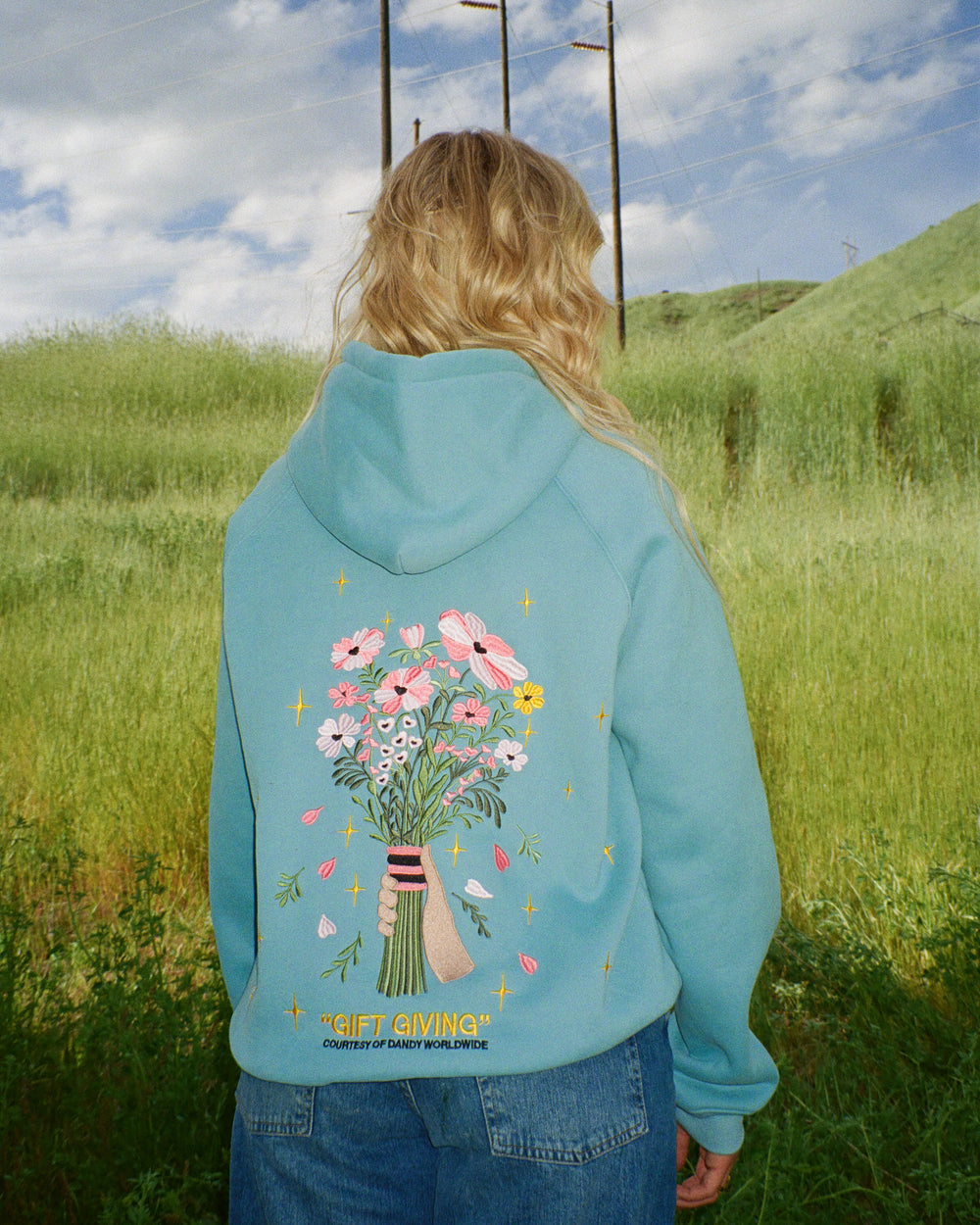 Gift Giving Floral Bouquet Graphic Embroidered Hoodie-Blue