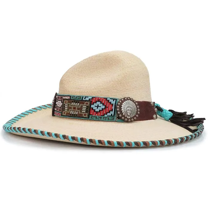 Red Star Riggings Beaded Band Concho Laced Palm Leaf Cowboy Straw Hat