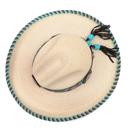 Red Star Riggings Beaded Band Concho Laced Palm Leaf Cowboy Straw Hat