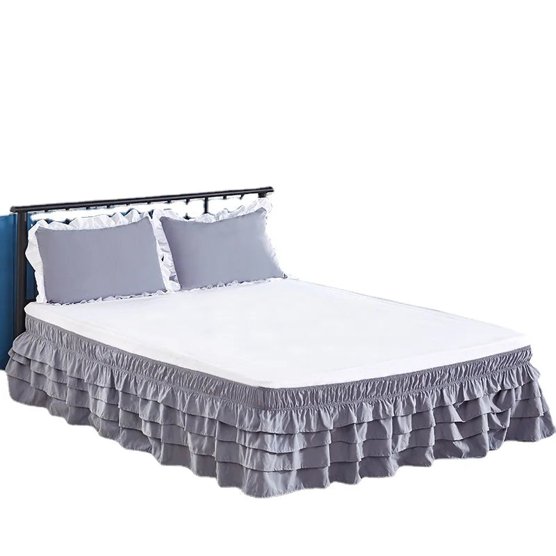 4 Layers Ruffled Bed Skirt Wrap Around Elastic Bed Skirt