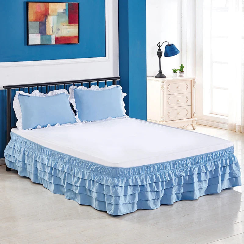 4 Layers Ruffled Bed Skirt Wrap Around Elastic Bed Skirt