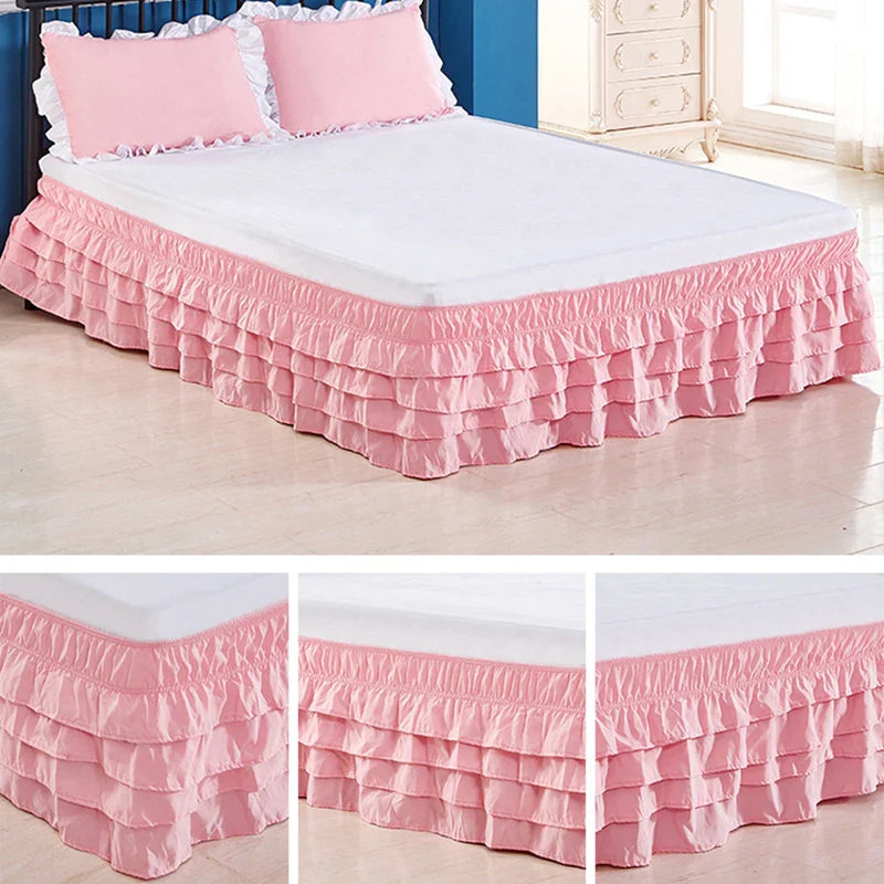 4 Layers Ruffled Bed Skirt Wrap Around Elastic Bed Skirt