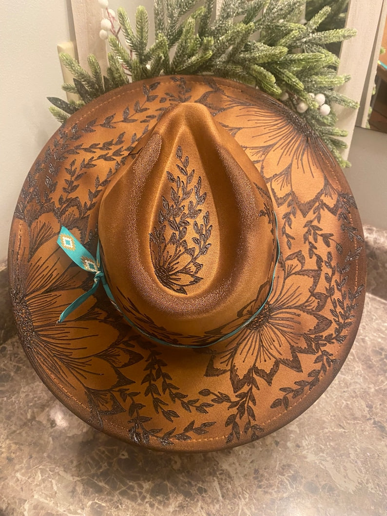 Torched Floral Camel Burnt Hat