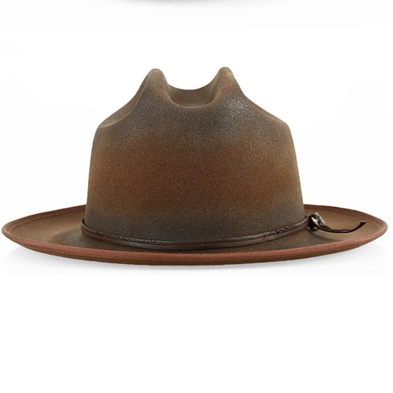 Wide Brim Fedora Hats for Men Women 100% Wool Felt Panama Rancher Hat with Lightning Logo Distressed/Burned Handmade