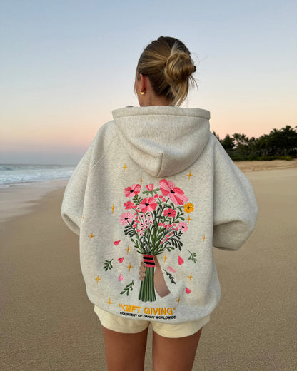 Gift Giving Floral Bouquet Graphic Embroidered Hoodie-Heather Gray