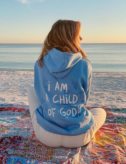 Inspirational  I Am A Child Of God Printed Hoodie -Blue