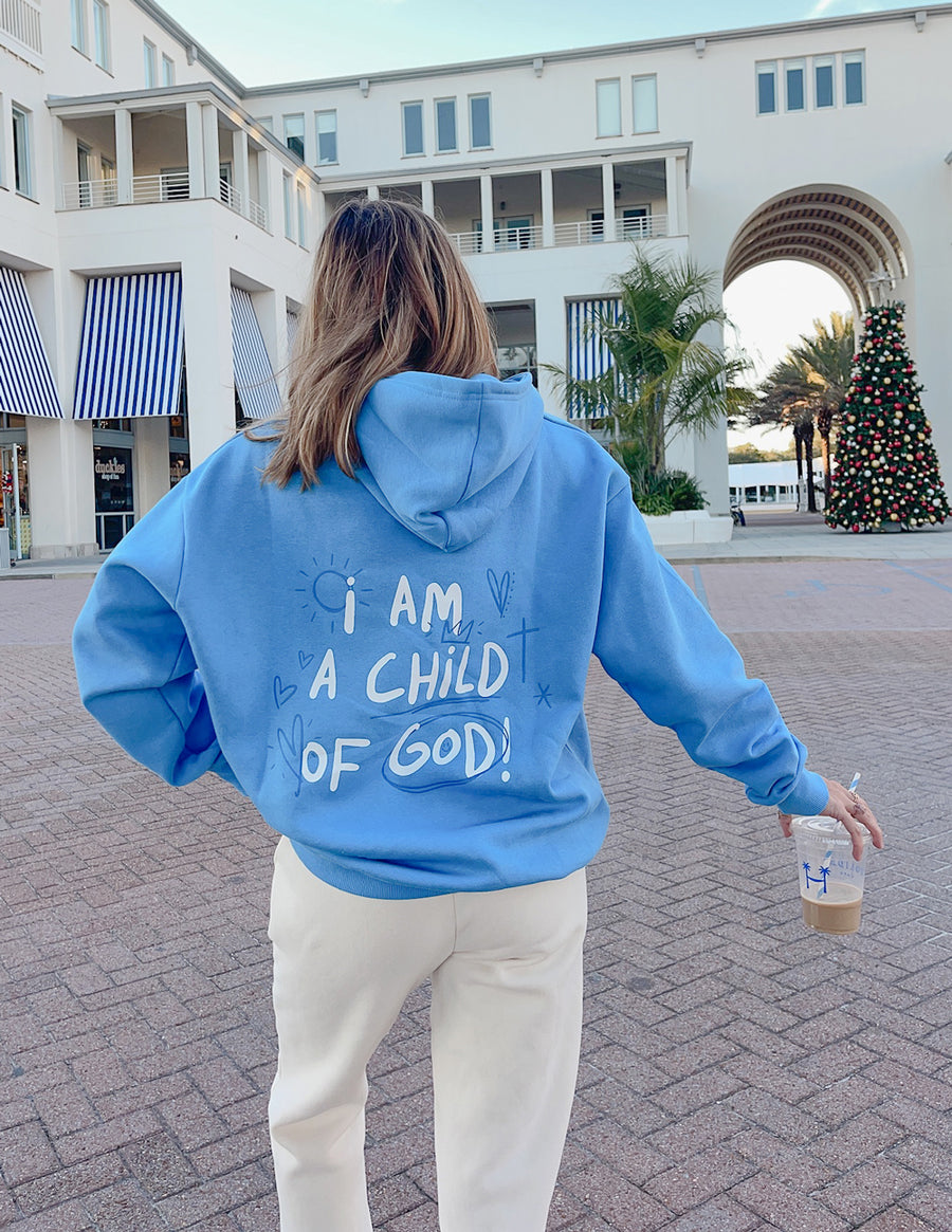 Inspirational  I Am A Child Of God Printed Hoodie -Blue