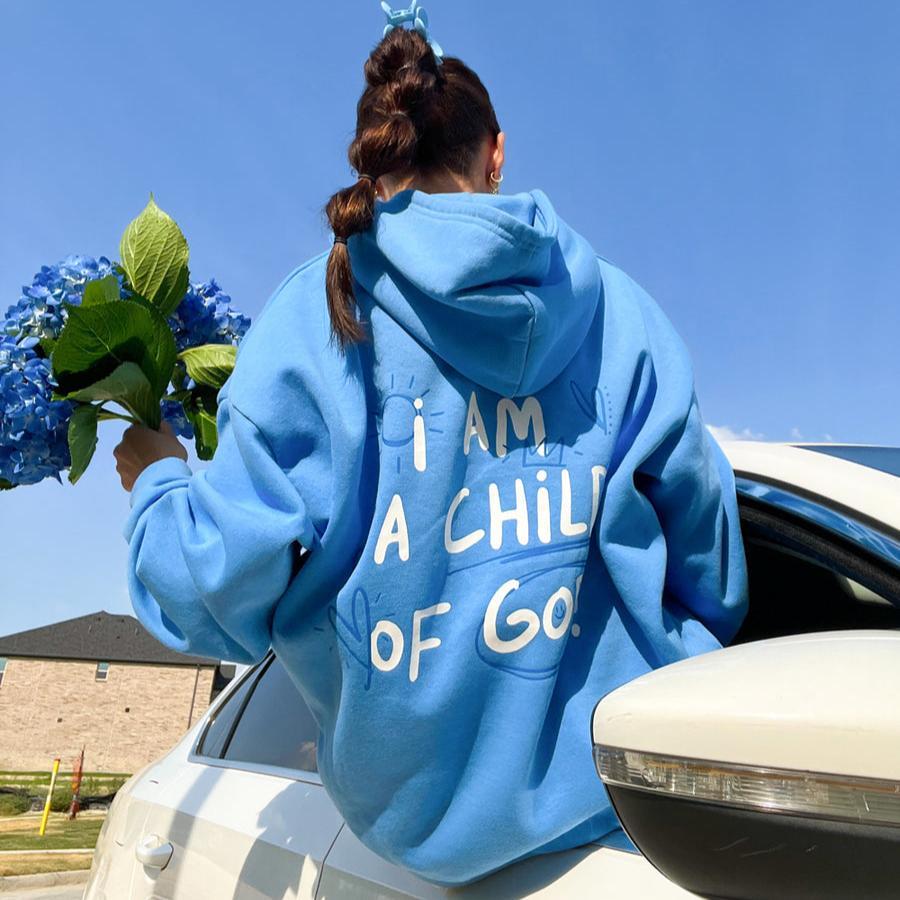 Inspirational  I Am A Child Of God Printed Hoodie -Blue