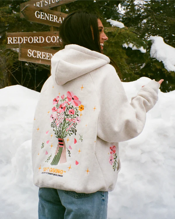 Gift Giving Floral Bouquet Graphic Embroidered Hoodie-Heather Gray