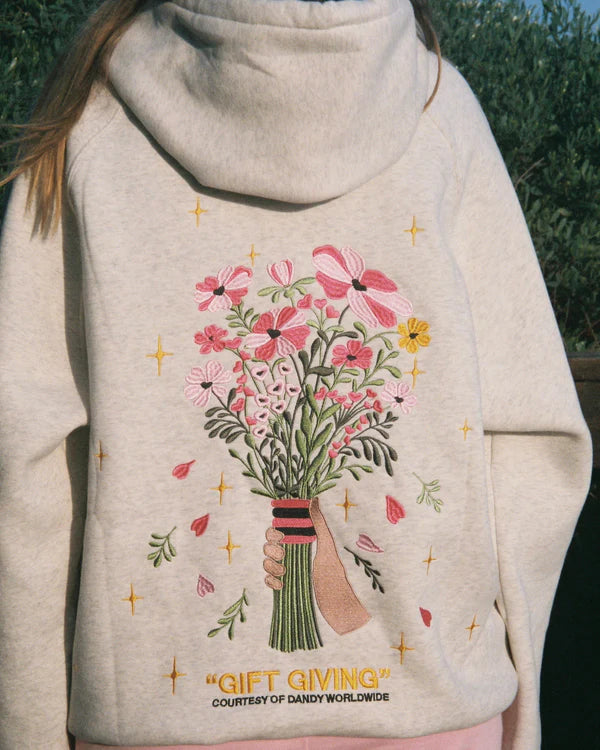 Gift Giving Floral Bouquet Graphic Embroidered Hoodie-Heather Gray