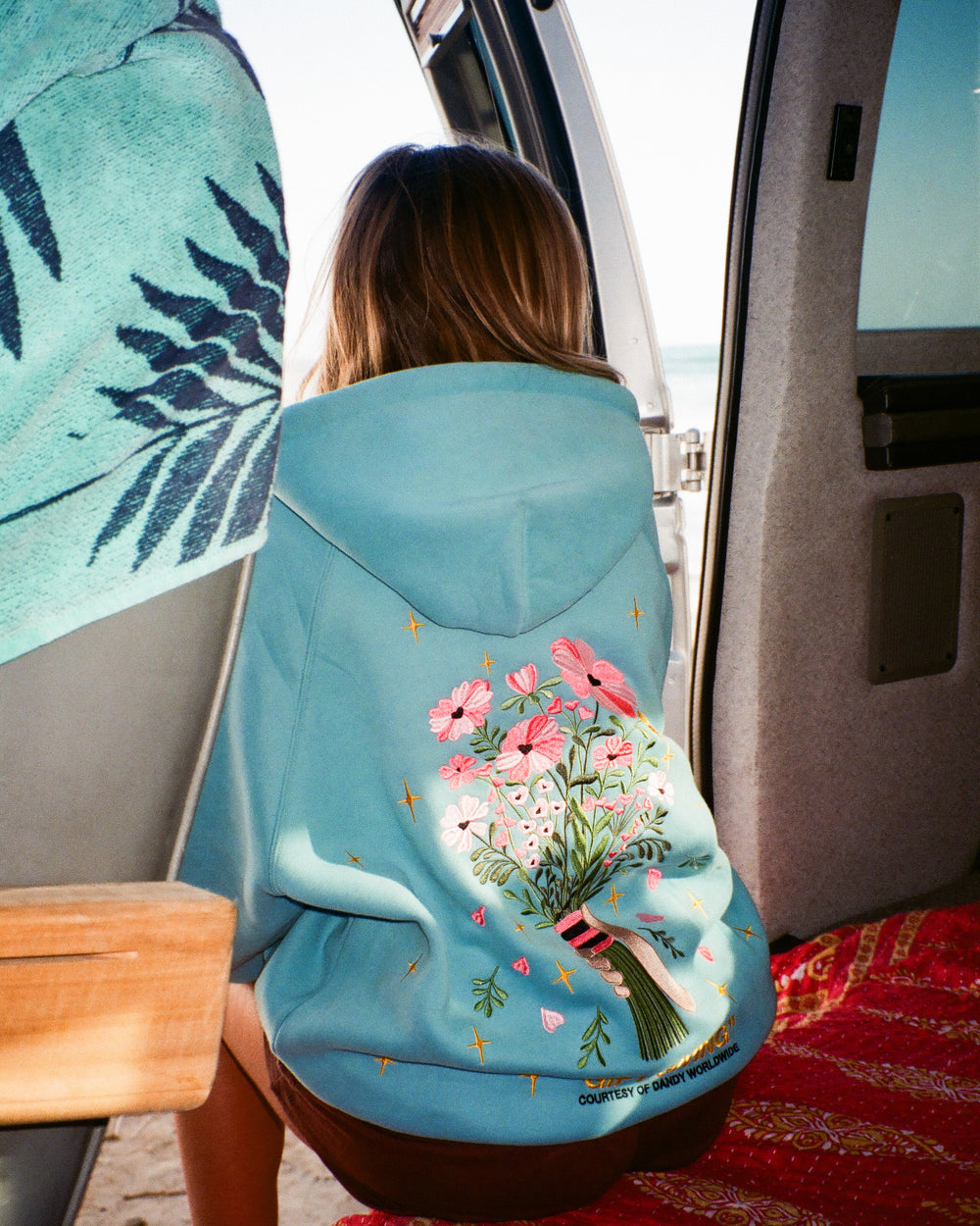 Gift Giving Floral Bouquet Graphic Embroidered Hoodie-Blue