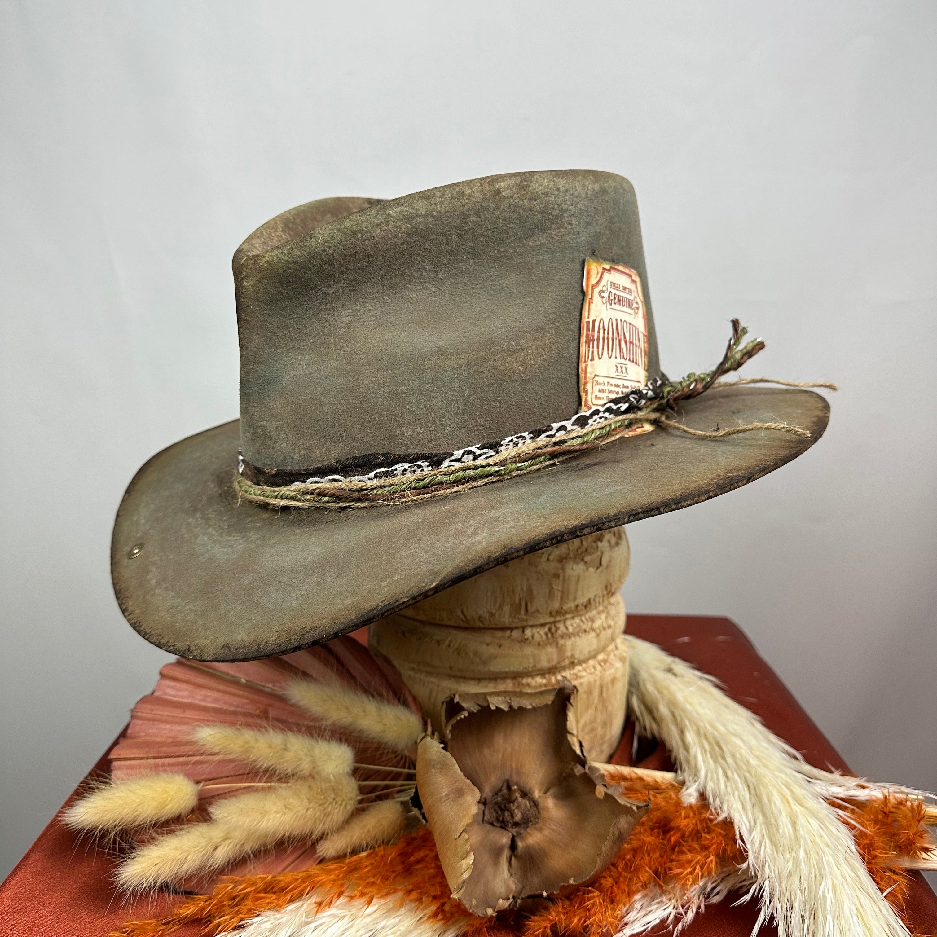 The Moonshiner Brown and Green Distressed Cowboy Hat