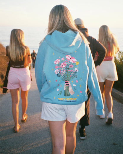 Gift Giving Floral Bouquet Graphic Embroidered Hoodie-Blue