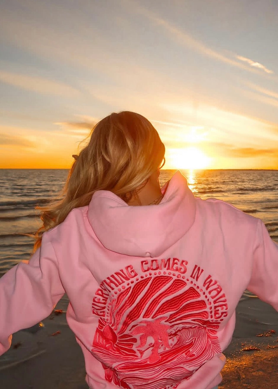 Everything Comes in Waves -Pink Hoodie Embroidered