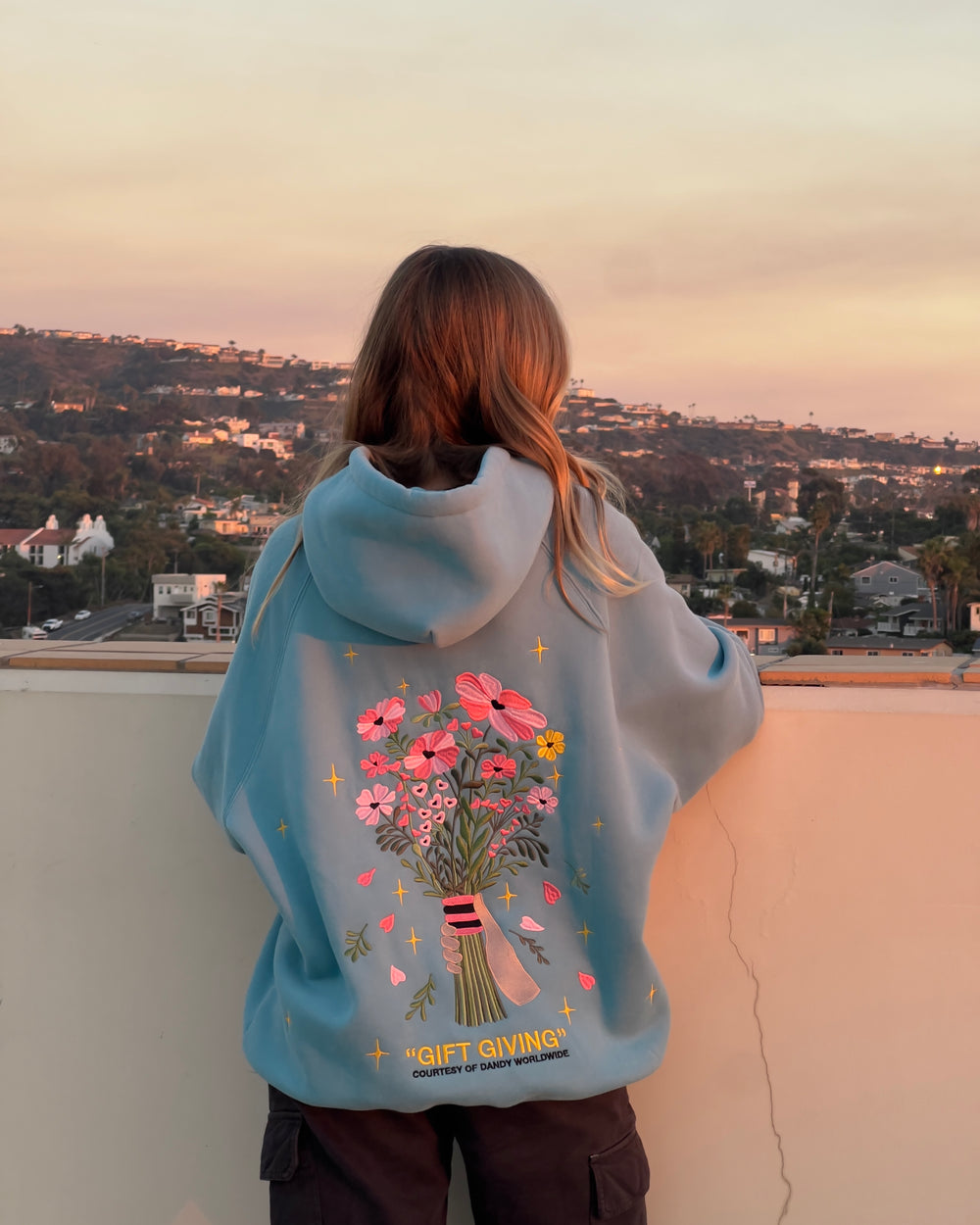 Gift Giving Floral Bouquet Graphic Embroidered Hoodie-Blue