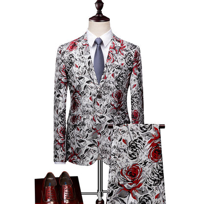 Rose in Contrast Print Men Two-Piece Suit Tuxedo Suit