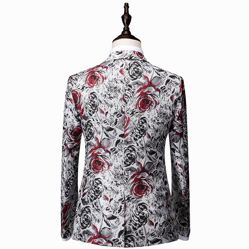 Rose in Contrast Print Men Two-Piece Suit Tuxedo Suit