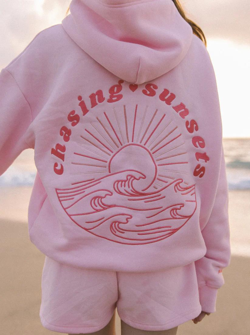 Chasing Sunset Pullover Embroidered Hoodie-Pink