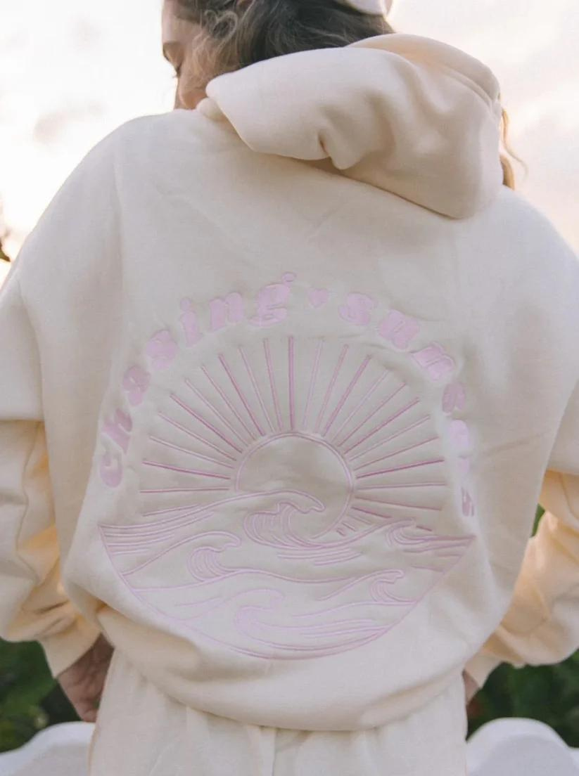 Chasing Sunset Pullover Embroidered  Hoodie-Cream