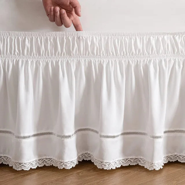 White Bed Skirt with Lace Design Stretched Elastic Wrapping Bed Skirts