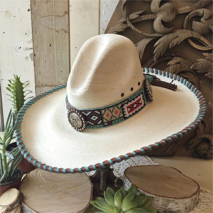 Red Star Riggings Beaded Band Concho Laced Palm Leaf Cowboy Straw Hat