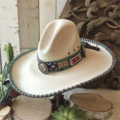 Red Star Riggings Beaded Band Concho Laced Palm Leaf Cowboy Straw Hat