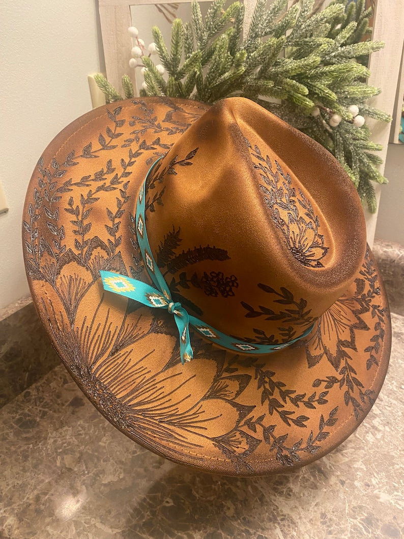 Torched Floral Camel Burnt Hat