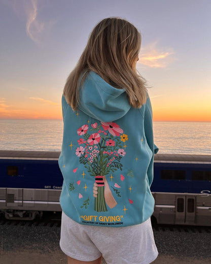 Gift Giving Floral Bouquet Graphic Embroidered Hoodie-Blue