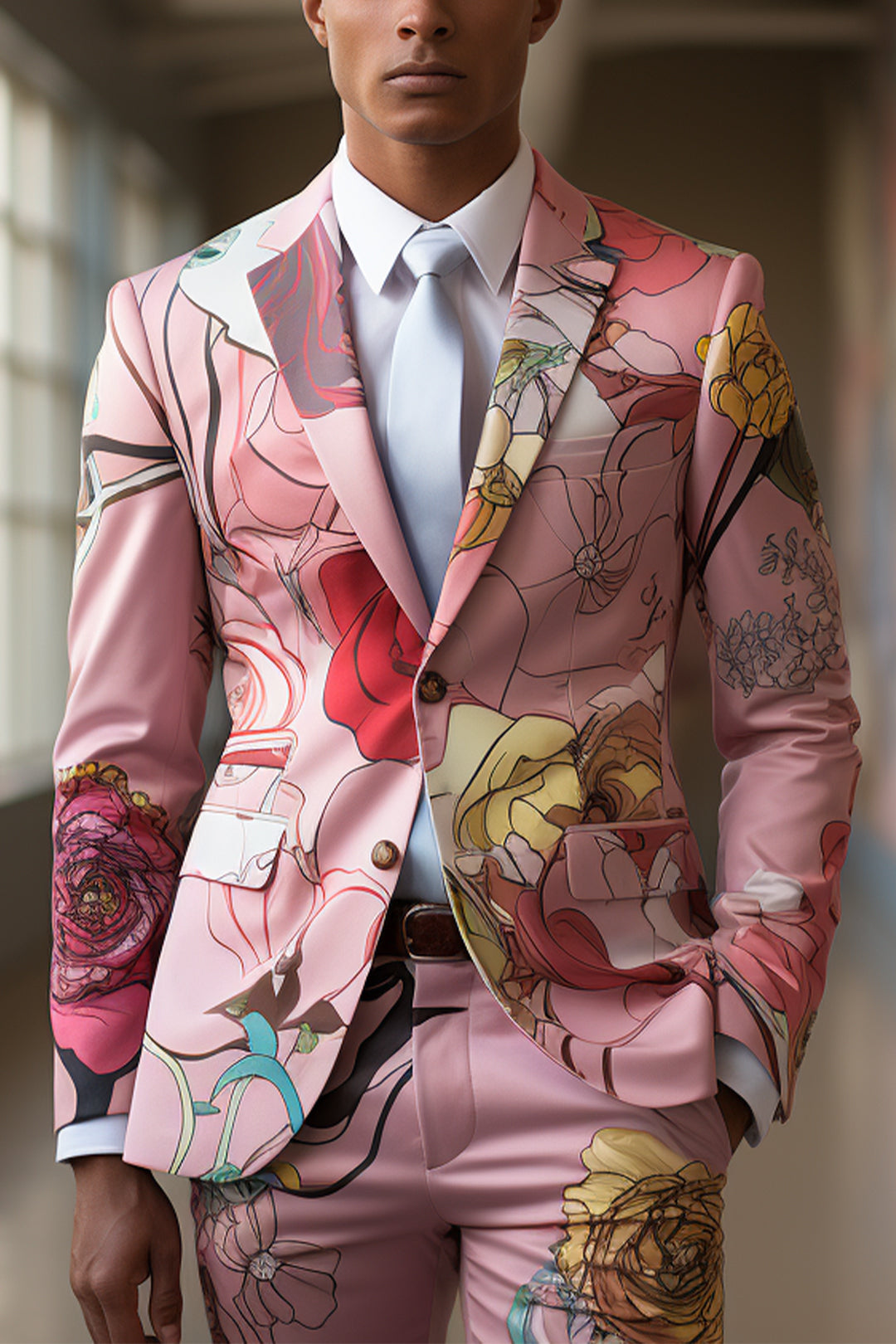 Pink Printed suit party stage prom suit two-piece set